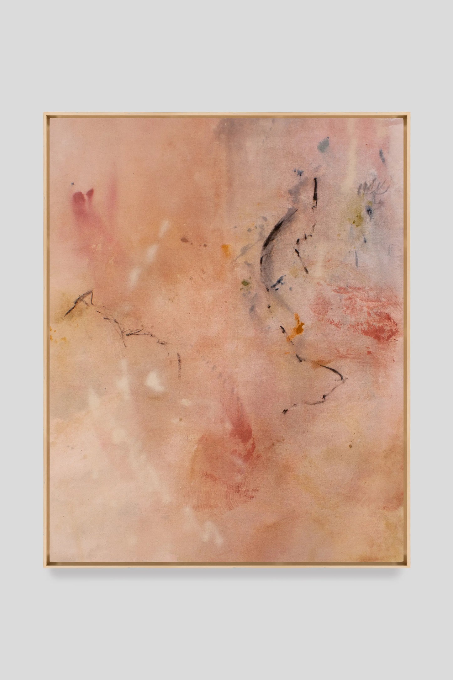 Cuadro abstracto Muida Studio en tonos tierras rosa azul y carbón. Obra artística en acrílico, carbón y spray sobre algodon natural.